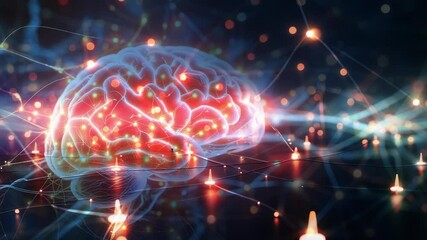 Initializing glowing brain pulsing data points in virtual network grid, illuminating neural nodes - Powered by Adobe