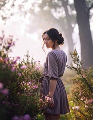 vintage instant film-style photograph of a young woman, featuring faded colors, soft natural lighting, and analog-inspired imperfections: light leaks, subtle fingerprints, and gentle motion blur