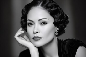 Elegant woman with retro hairstyle posing in black and white portrait