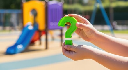 Kid hand holding green plastic question mark. Childhood discovery and learning concept. Educational game symbol.