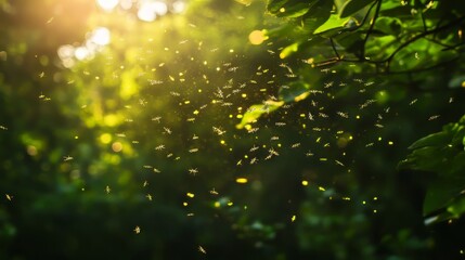 Sunlight breaking through the forest with tiny glowing insects in the air