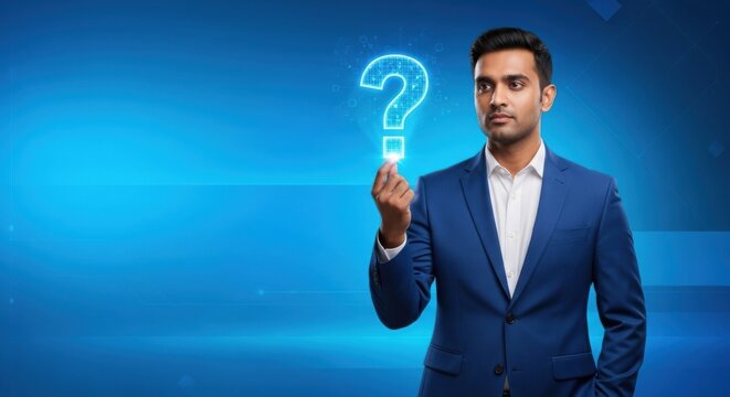 Young handsome asian man entrepreneur or businessman in suit holding digital question mark. Concept of business solutions.