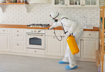 Man worker wearing white uniform and protective mask spraying insecticide chemical to maintain...