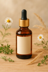 An elegantly designed natural oil dropper bottle with floral elements on wood for charm