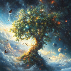 A majestic tree stands amongst swirling clouds, butterflies, and celestial orbs against a starry space background