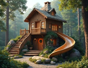 Charming wooden playhouse with unique slide nestled in forest setting. Wooden structure, stairs, decorative door. Landscape design, trees, stones, plants. Playhouse design for children, fun,