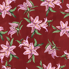 Pink Lily flowers on an abstract brushstrokes background. Acrylic flowers, leaves, paint smears, seamless pattern. Hand-painted illustration for modern fabric, textile, and backdrop 