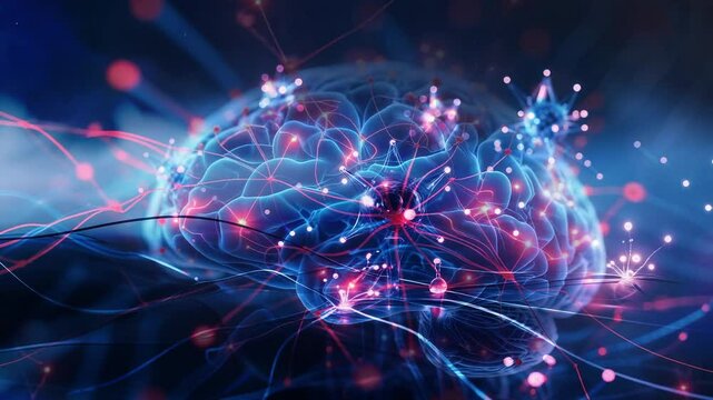 Abstract brain model emitting magenta pulse through neural filaments in VR space with glowing nodes - Powered by Adobe