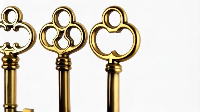Four ornate vintage gold keys lined up against a clean white background offer access, security, and unlocking potential.