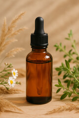 Beautiful Amber Glass Dropper Bottle filled with Charming Herbs and Colorful Flowers