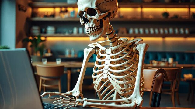 Human Skeleton Sitting at Laptop in Cozy Coffee Shop with Warm Lighting and Wooden Interior Background


