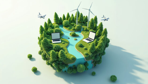 3d rendered illustration of tiny green planet with forests, rivers. Big tech elements like laptops, windmills on white background. AI generated artwork eco-friendly tech, nature, eco-friendly