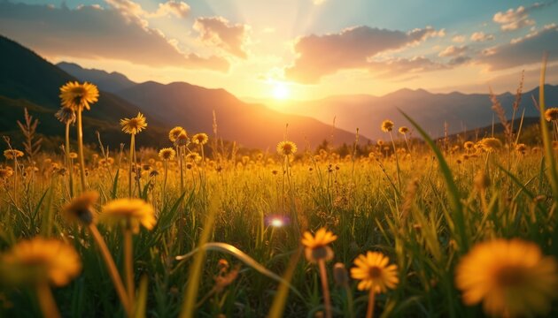Scenic landscape with yellow dandelions field during sunset. Serene, peaceful view with soft sunlight, mountains background, inspiring quotes. Nature background for quotes, motivational messages,