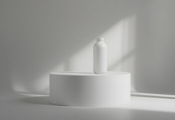 White bottle on cylindrical pedestal minimalist studio shot
