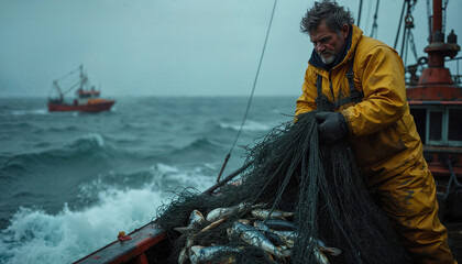 Illustration commercial fisherman hauling nets filled with fish, sea and overcast sky on boat. Gritty, challenging fishing industry, hard work. Cold weather.