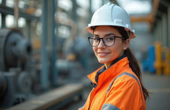 Young woman engineer at industrial facility. Smiling female wears white safety helmet, eyeglasses and orange work jacket. Portrait of professional, manufacturing, engineering tech worker.