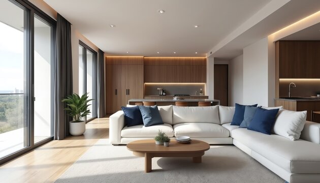 Modern apartment interior design with open plan living area. Living room, kitchen, balcony. Stylish home with light, airy ambience. Cozy furniture, wooden floor. Luxury, contemporary, minimalist - Powered by Adobe
