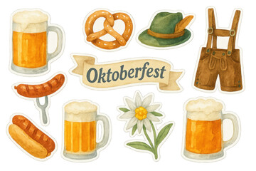 Watercolor Oktoberfest stickers showing beer mugs, pretzels, sausages, hat, traditional lederhosen, and edelweiss flower on light background
