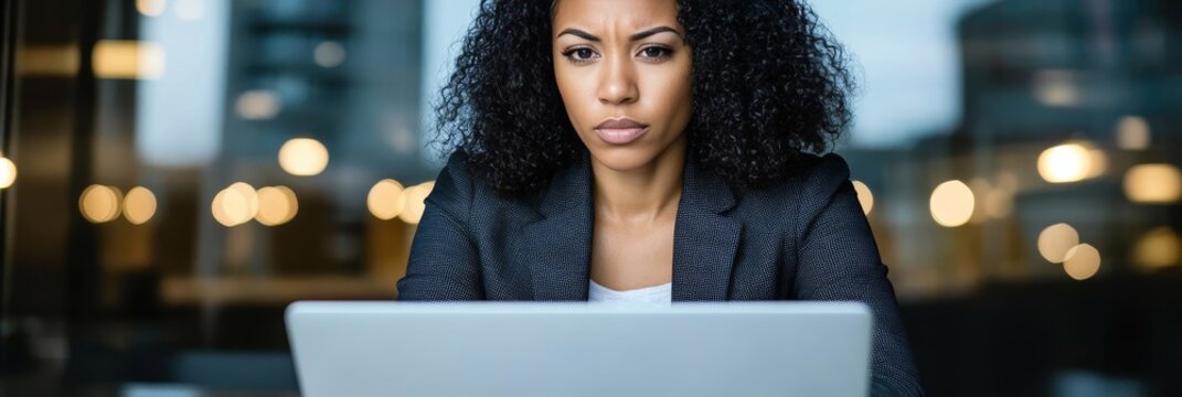Concentrated African American businesswoman analyzing data on her laptop in a modern office. - Powered by Adobe