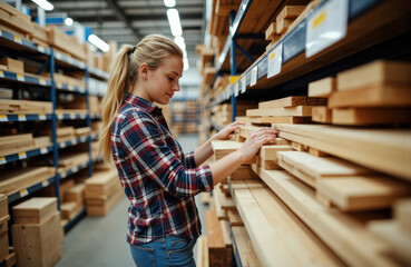 Woman inspecting wooden planks in hardware store aisle