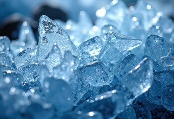 Obraz premium Close-up of melting ice cubes with a cool blue tone and reflective surfaces