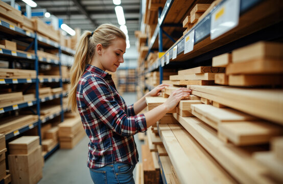 Woman inspecting wooden planks in hardware store aisle
