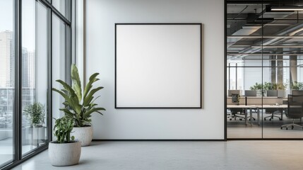 Modern office corner with blank poster