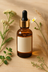 Aromatherapy Serum in a Brown Glass Bottle, surrounded by Fresh Botanicals, showcases its benefits