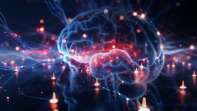 Animation starting, 3D brain model floating above grid plane, demonstrating pulsing synapse nodes