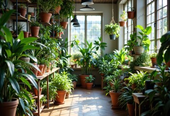 Fototapeta premium Bright indoor garden filled with lush green plants and natural sunlight streaming through windows