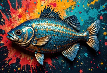 Fototapeta premium Colorful fish sculpture with vibrant splatter background creating a striking visual effect