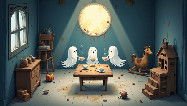 Cute friendly ghosts enjoy a tea party in a spooky Halloween room
