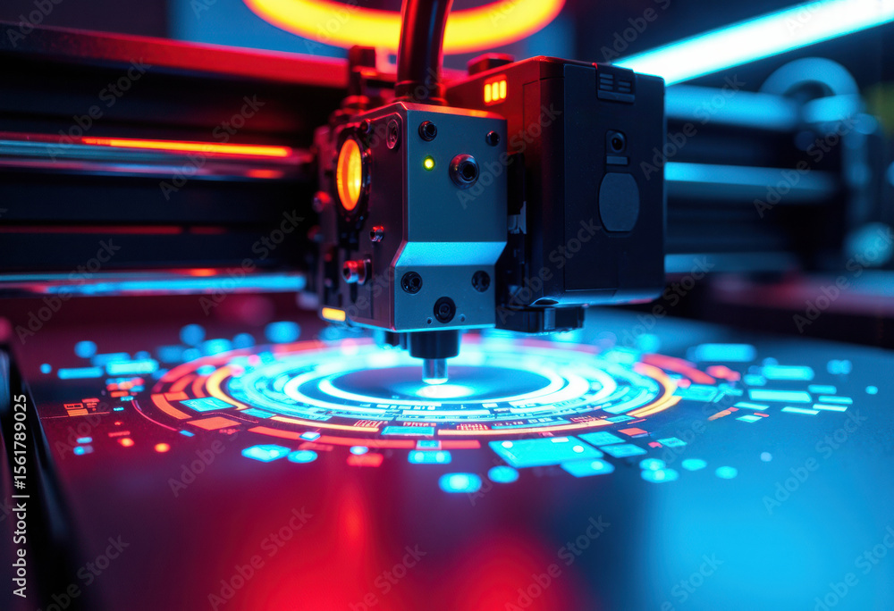 Poster advanced 3d printer creating intricate neon-lit designs with precision and speed