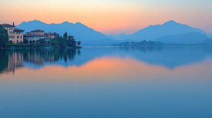 Fototapeta premium Calm lake sunrise, pastel hues, tranquil scene