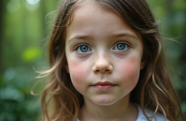 Close-up portrait of little girl with bright blue eyes, freckles, gentle smile. Young child face glows in natural light against blurred green forest background. Childhood, happiness, beauty,
