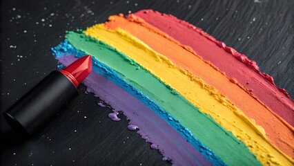 A bold red lipstick rests beside a vibrant rainbow smear of various makeup colors on a sleek black background