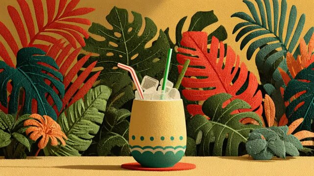 Tropical refreshment: Artistic illustration of a summer drink with ice and exotic leaves
