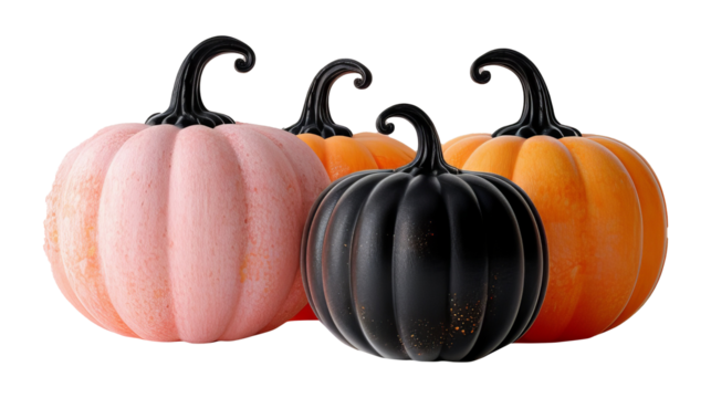 A collection of pastel pink, black, and orange pumpkins with curly stems on a transparent background. Halloween decor concept. Place for text.