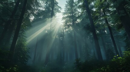 Obraz premium Sunlight shining through the forest canopy, with a low-angle view