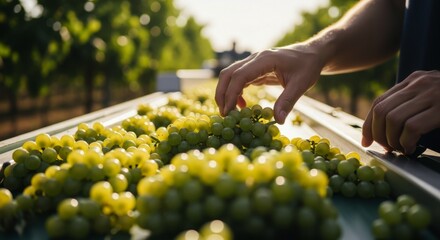 Man sorting freshly harvested green grapes on a conveyor belt in a vineyard