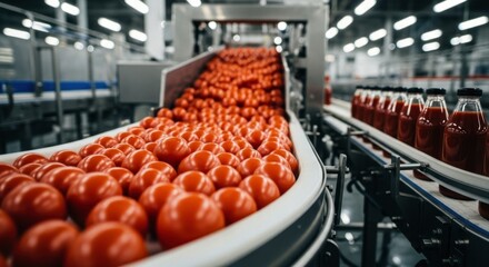 Ripe red tomatoes on conveyor belt in modern food processing plant