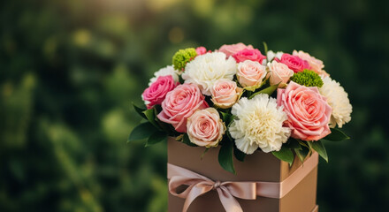 Sophisticated floral arrangement of pink roses and white carnations in a gift box.