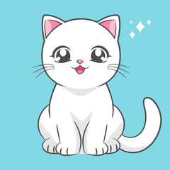 Cute white cat in anime style. Cute sitting anime cat with big eyes. Vector illustration