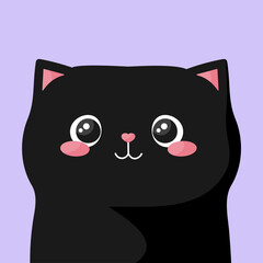 Cute hand drawn black cat. Childish cartoon cat with pink cheeks. Vector illustration