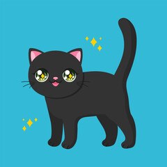 Cute black cat in anime style. Cute standing anime cat with big green eyes with sparkles. Vector illustration