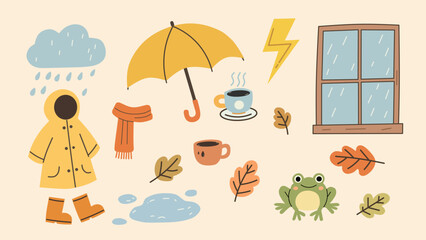 Cute flat illustration of rainy season essentials : raincoat, umbrella, boots, window, coffee, lightning, puddle, frog, and autumn leaves. Perfect for weather, kids, or seasonal design themes.