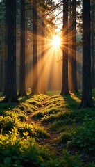 Obraz premium Golden Hour Sunlight Dapples Peaceful Pine Forest Floor, Casting Long Shadows ? Serene Summer Escape