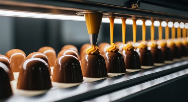 Automated machine precisely piping golden caramel onto a row of milk chocolate bonbons on a production line