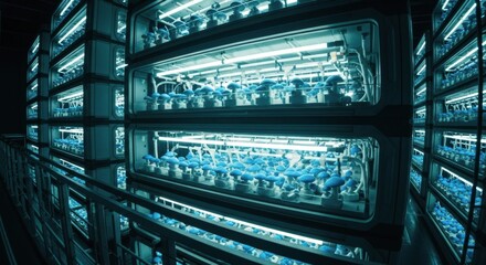 Futuristic vertical farm with bioluminescent blue mushrooms growing in controlled environment