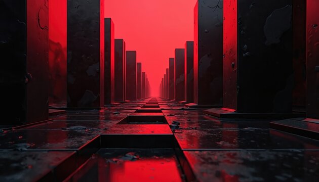 Futuristic abstract red black graphic design. Digital 3d rendering illustration with rectangular columns, red sky background. Tech style wallpaper concept, space, cyberpunk, minimalism, dark mode
